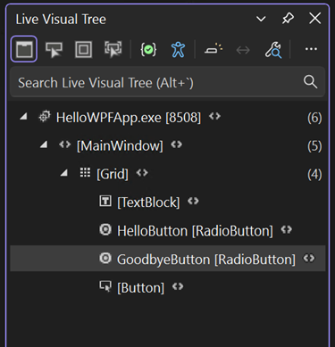 Screenshot della finestra Struttura ad albero visuale attiva, che mostra l'albero degli elementi visivi in HelloWPFApp.exe mentre è in esecuzione.