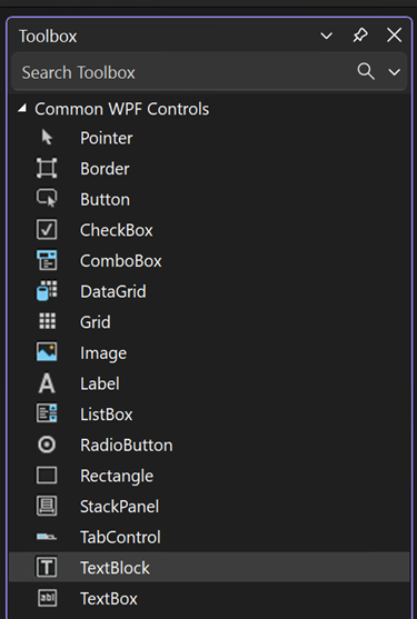 Screenshot della finestra casella degli strumenti con il controllo TextBlock selezionato nell'elenco controlli WPF comuni.