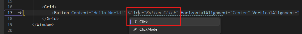 Screenshot che mostra il codice XAML per Button nell'editor XAML con l'evento click del pulsante evidenziato.