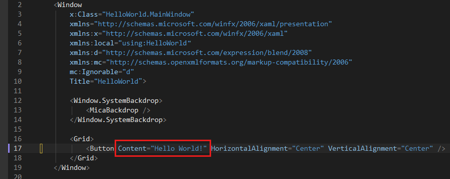 Screenshot che mostra il codice XAML per Button nell'editor XAML, con il valore della proprietà Content modificato in Hello World!