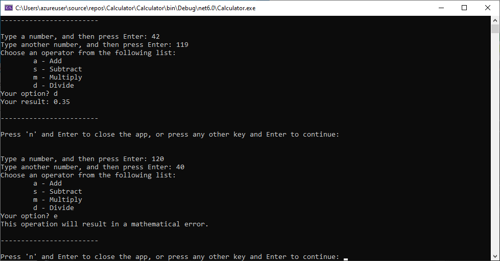 Screenshot che mostra una finestra della console con l'app Calcolatrice ristrutturata.