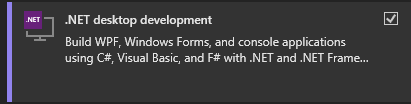 Screenshot che mostra il carico di lavoro per lo sviluppo di applicazioni desktop .NET nel programma di installazione di Visual Studio.
