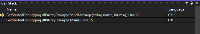 Screenshot della finestra Stack di chiamate in Visual Studio 2022.