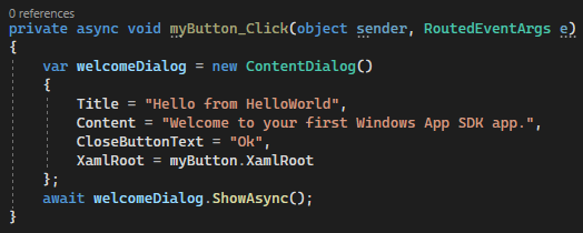 Screenshot che mostra il codice C# per il nuovo gestore eventi myButton_Click asincrono in Visual Studio 2022.