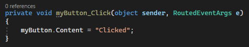 Screenshot che mostra il codice C# per il gestore eventi Button_Click predefinito in Visual Studio 2022.