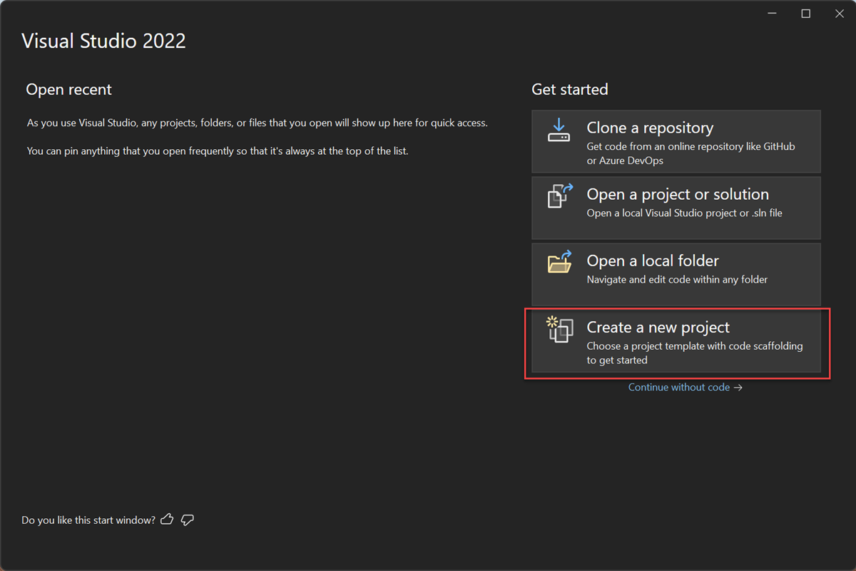 Screenshot dell'opzione Crea un nuovo progetto nella finestra iniziale di Visual Studio 2022.