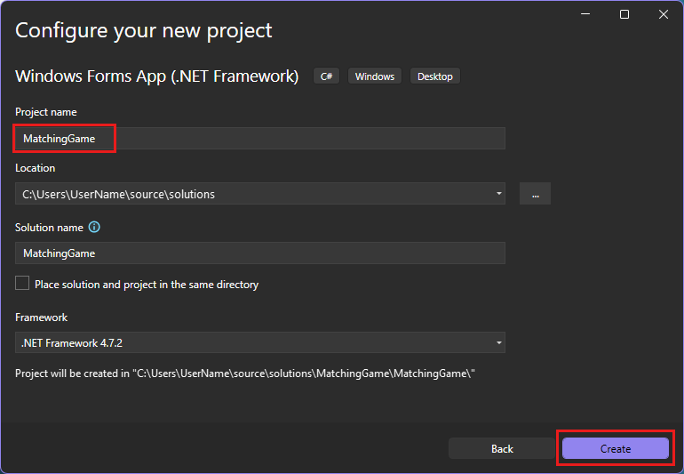 Screenshot della finestra Configura il nuovo progetto.
