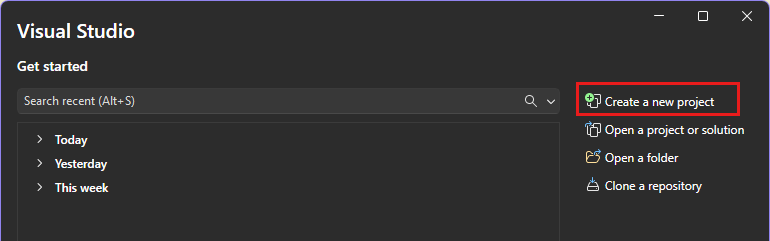 Screenshot che mostra l'opzione Crea un nuovo progetto nella finestra iniziale di Visual Studio.