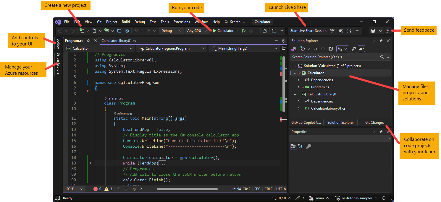 Screenshot che mostra l'IDE Visual Studio 2026, con callout che indicano la posizione delle funzionalità e delle funzionalità principali.