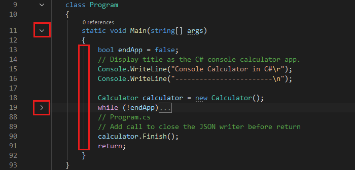 Screenshot che mostra il Visual Studio IDE con caselle rosse.