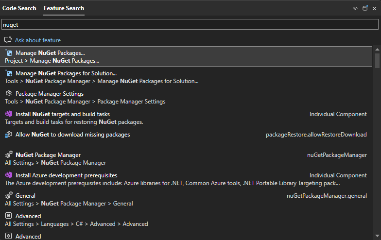Screenshot che mostra la casella di ricerca `Avvio rapido` in Visual Studio.