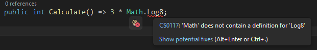 Screenshot che mostra gli squiggles in Visual Studio.