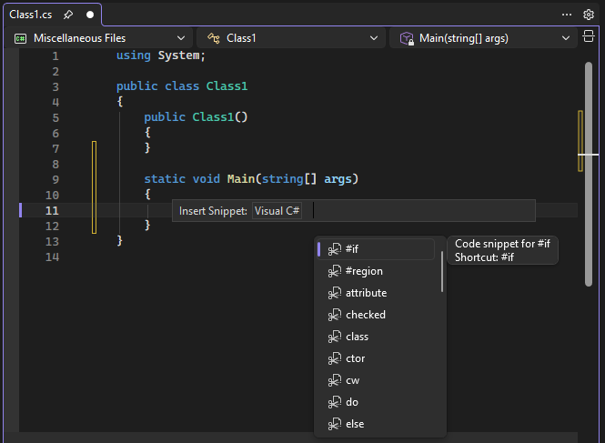 screenshot di un popup IntelliSense per un elenco di frammenti di codice C#.