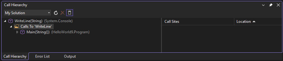 Screenshot che mostra la finestra Gerarchia di chiamate in Visual Studio.