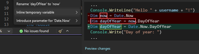 Screenshot che mostra il suggerimento della variabile temporanea Inline in Visual Studio.