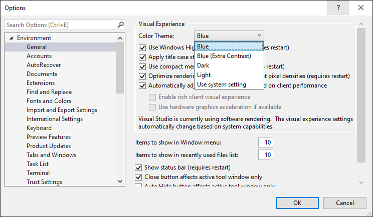 Screenshot che mostra la modifica del tema dei colori Blu in Visual Studio.
