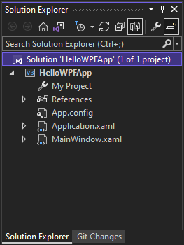 Screenshot che mostra i file nel progetto e nella soluzione HelloWPFApp nel Esplora soluzioni in Visual Studio 2022.