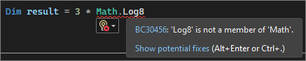 Screenshot di una sottolineatura ondulata in Visual Studio 2022.