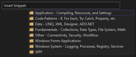 Screenshot che mostra la finestra Inserisci frammento di codice con un elenco di cartelle di categoria contenenti frammenti di codice Visual Basic.