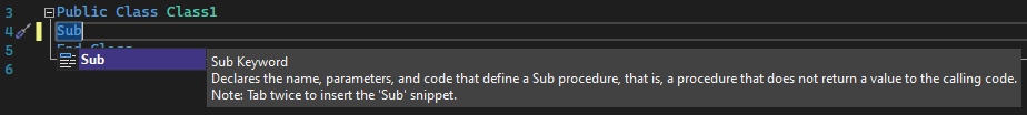 Screenshot di IntelliSense per un frammento di codice secondario in Visual Studio.
