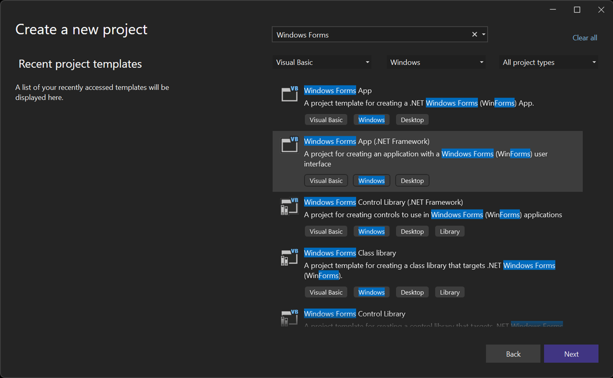 Screenshot che mostra la finestra Crea un nuovo progetto con App Windows Form (.NET Framework) selezionata.