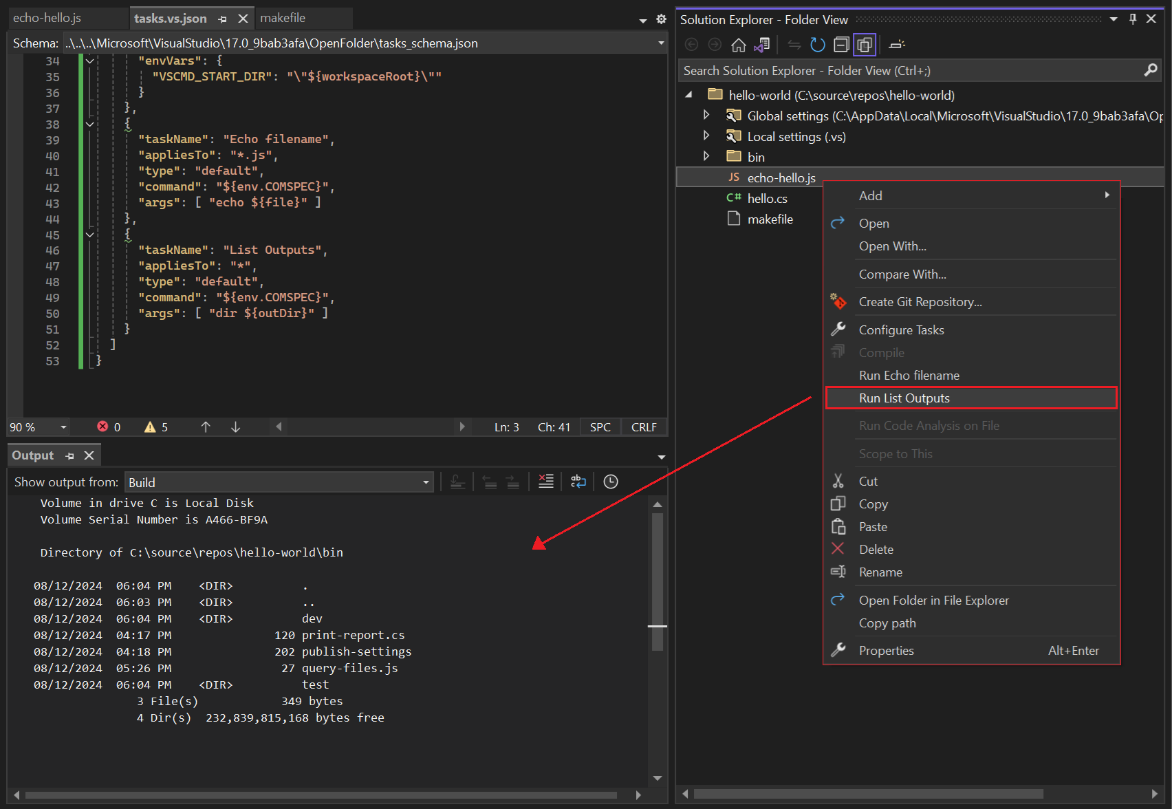Screenshot che mostra un'attività arbitraria aggiunta al menu di scelta rapida in Visual Studio Esplora soluzioni.