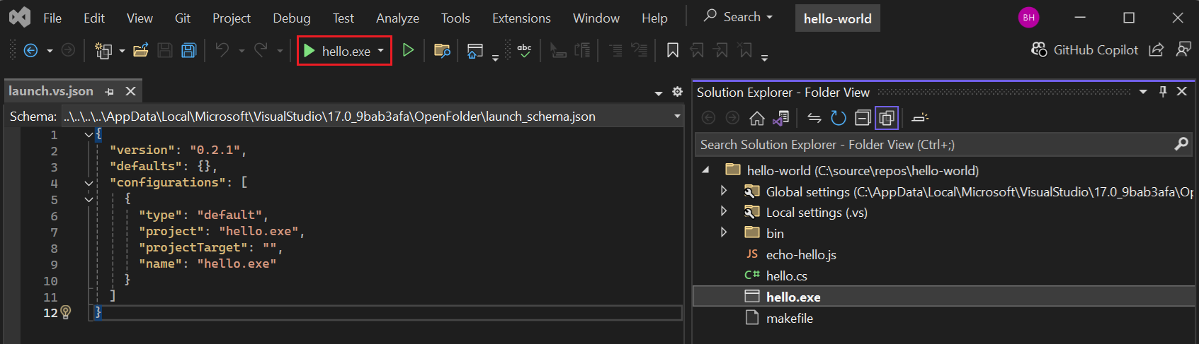Screenshot che mostra un'etichetta personalizzata per l'azione di avvio in Visual Studio.