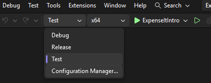 Screenshot dell'elenco a discesa Configurazioni soluzione sulla barra degli strumenti Standard.