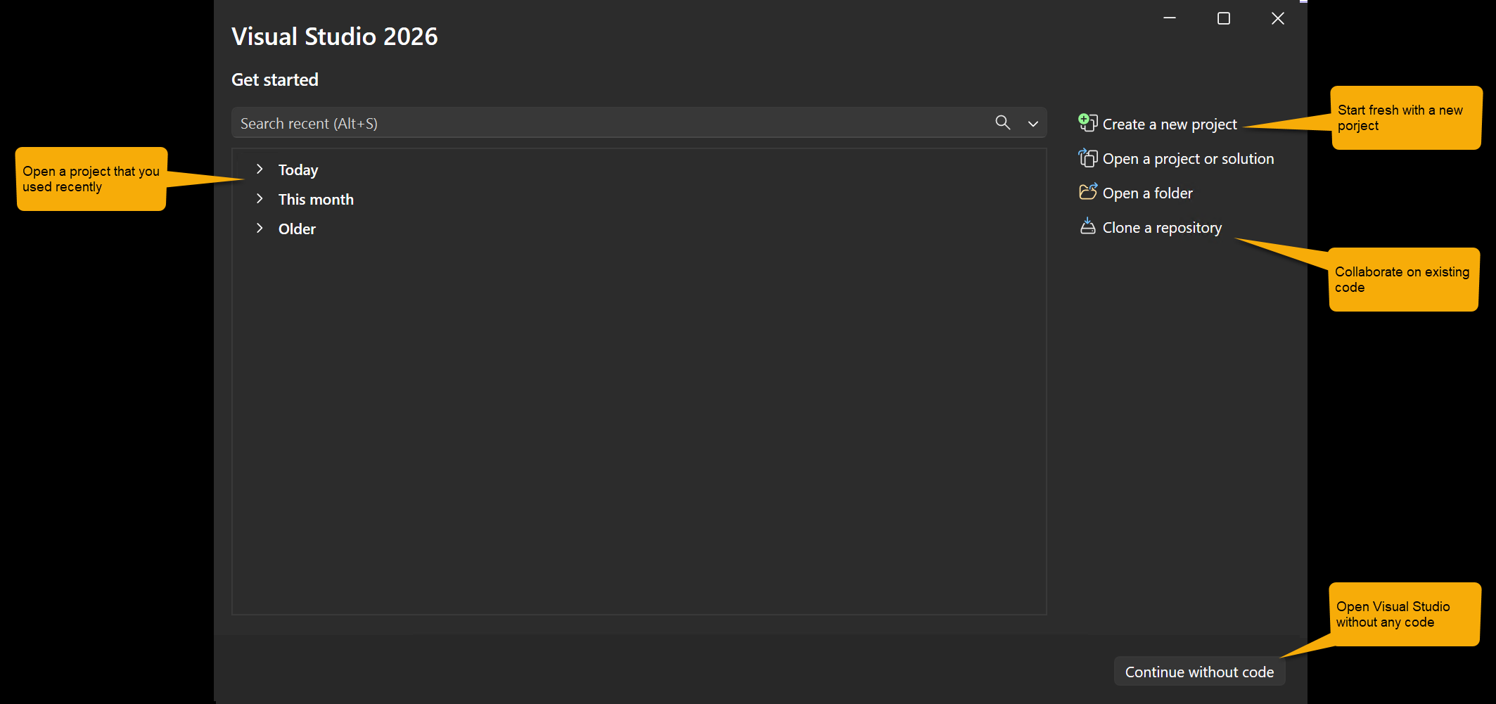  Screenshot con annotazioni che mostra la finestra iniziale in Visual Studio.