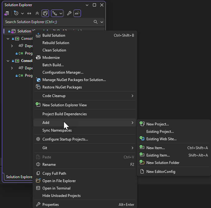 Screenshot del menu a comparsa Aggiungi dal menu di scelta rapida in Esplora soluzioni.