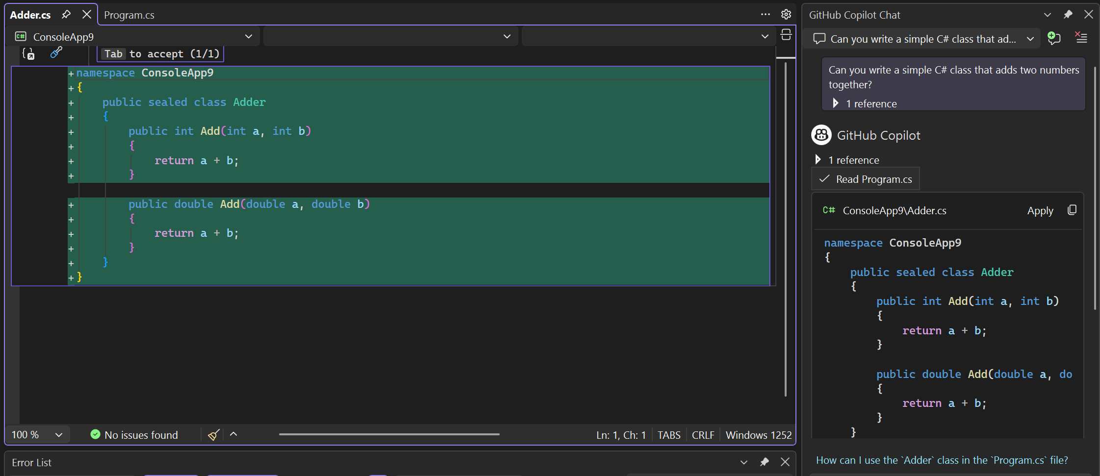 Screenshot dei suggerimenti di codice in un nuovo file nell'editor.