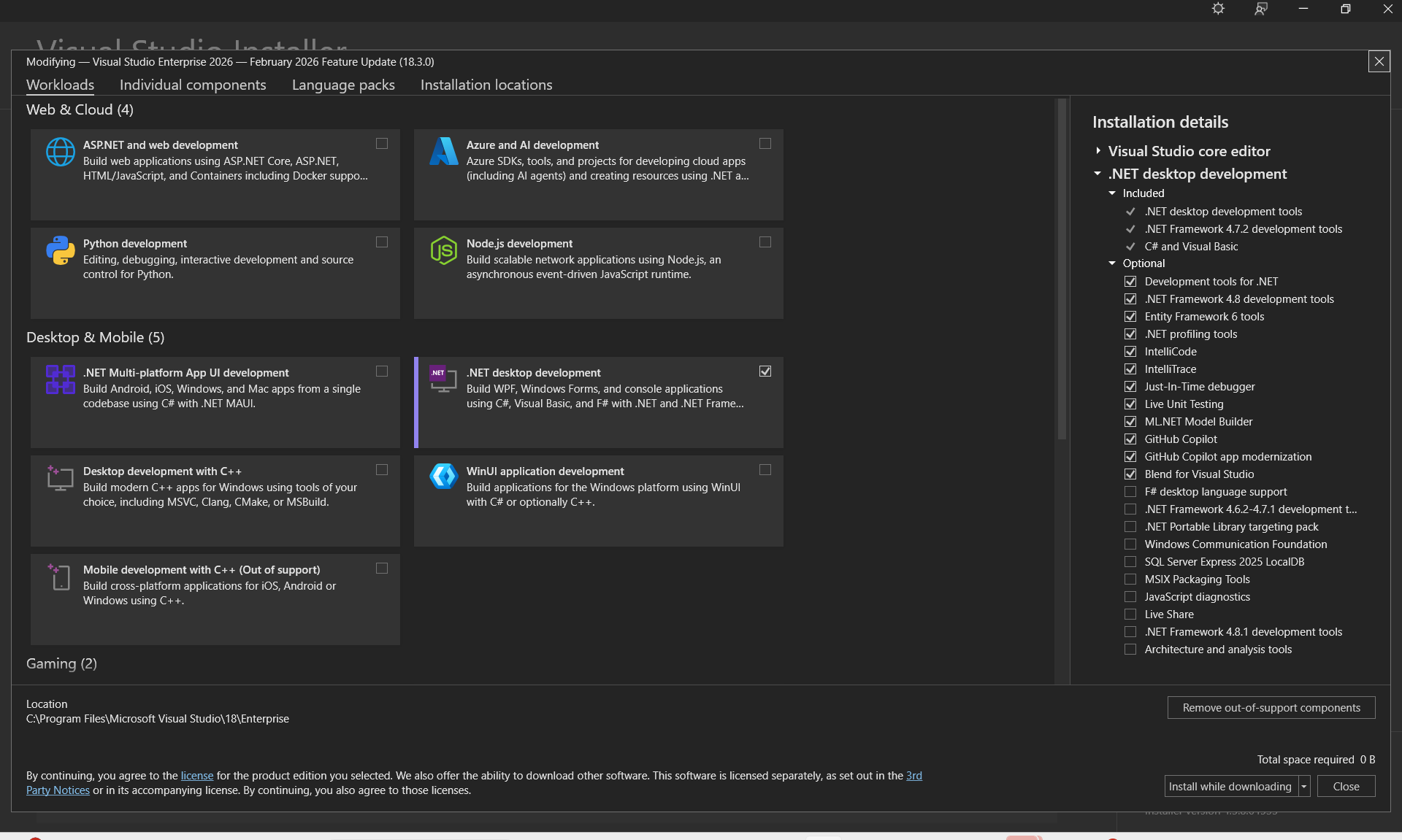 Screenshot della scheda Carichi di lavoro del programma di installazione di Visual Studio.