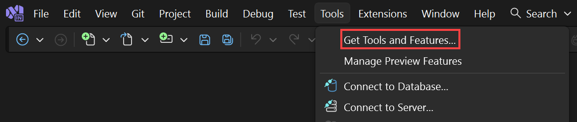 Screenshot del menu Strumenti di Visual Studio. Get Tools and Features (Ottieni strumenti e funzionalità) è evidenziato.