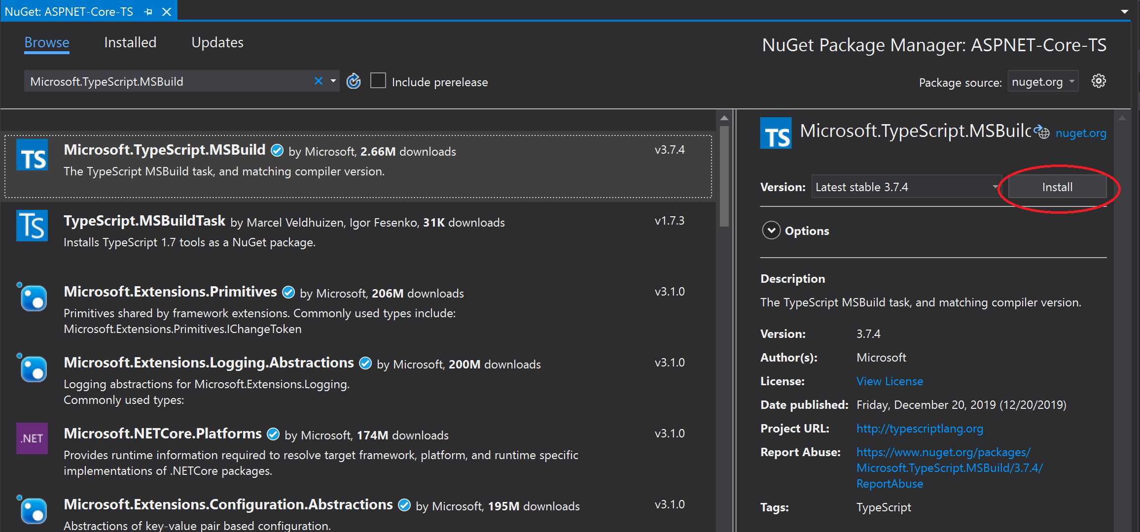 Screenshot della gestione pacchetti NuGet.