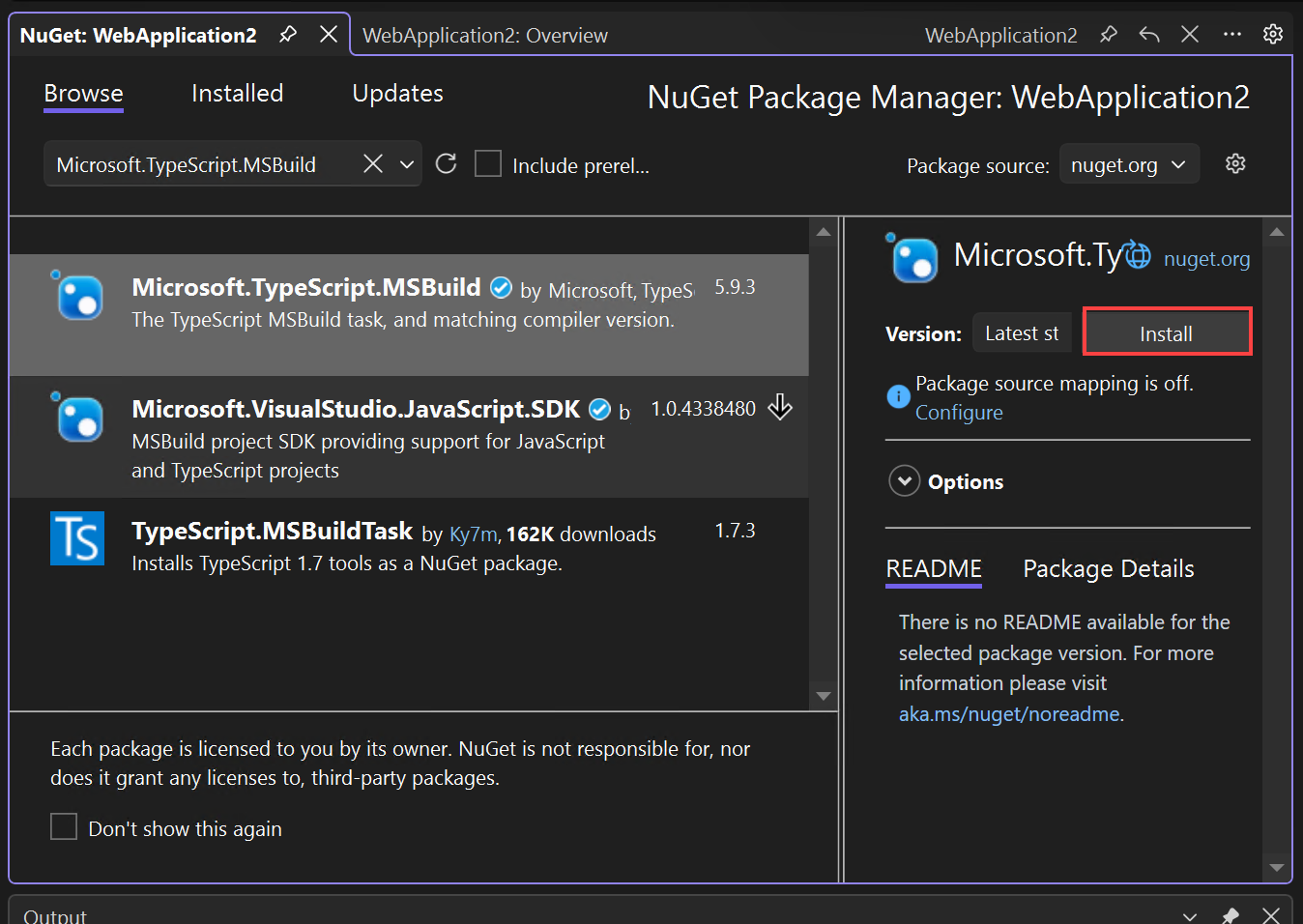 Screenshot che mostra come installare il pacchetto NuGet.