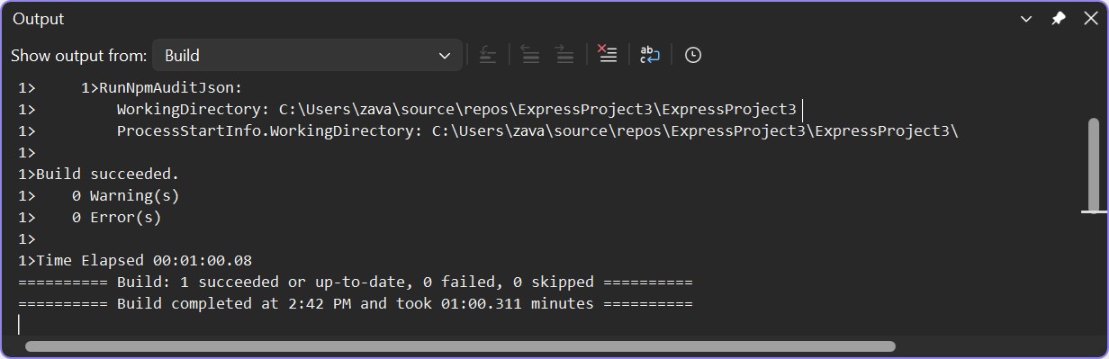 Schermata dell'output di compilazione dettagliato in Visual Studio.