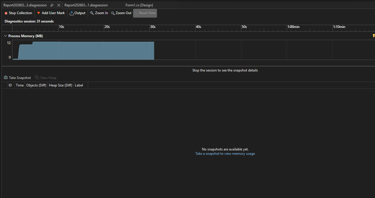 Screenshot della finestra Strumenti di diagnostica del Profiler di prestazioni di Visual Studio che mostra un grafico temporale dell'uso della memoria dell'applicazione.