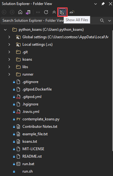 Screenshot che illustra come visualizzare cartelle e file nascosti in Visual Studio.