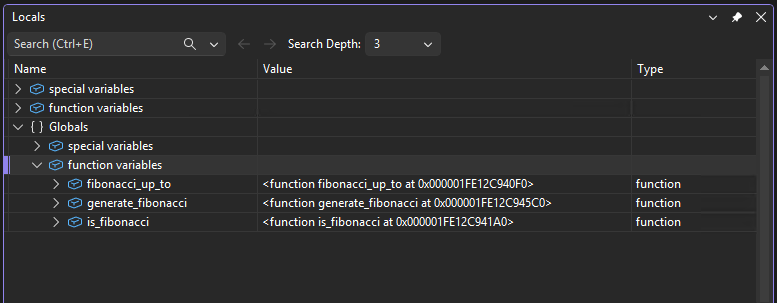 Screenshot che mostra la finestra 'Locals' nel debugger di Visual Studio.