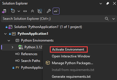 Screenshot che mostra come attivare un ambiente per un progetto Python in Visual Studio.