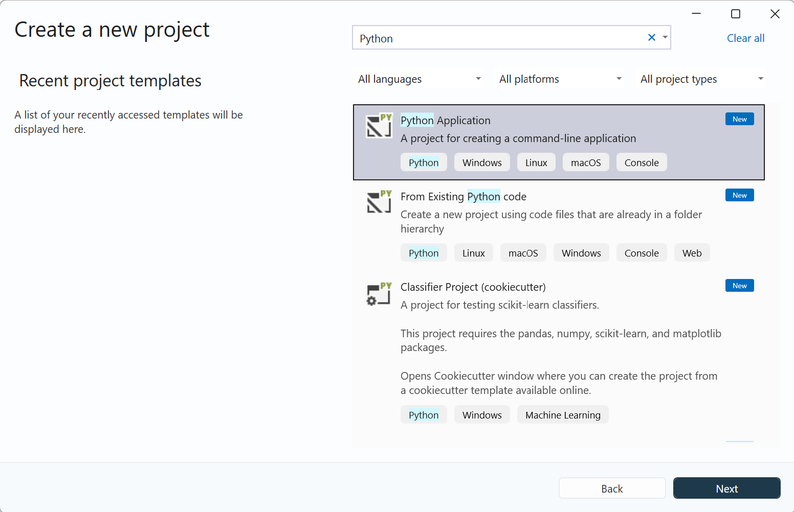 Screenshot che mostra la finestra di dialogo Crea un nuovo progetto in Visual Studio. I modelli di progetto Python sono visibili.