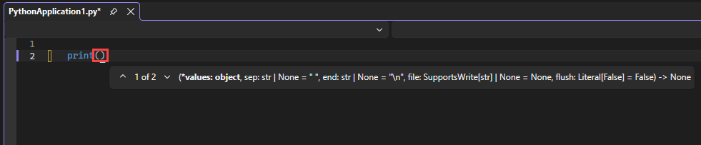 Screenshot che mostra le opzioni di completamento automatico di IntelliSense per la funzione di stampa nell'editor in Visual Studio.