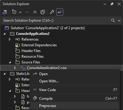 Screenshot che mostra il menu contestuale di un file C++ con l'opzione Preprocess evidenziata