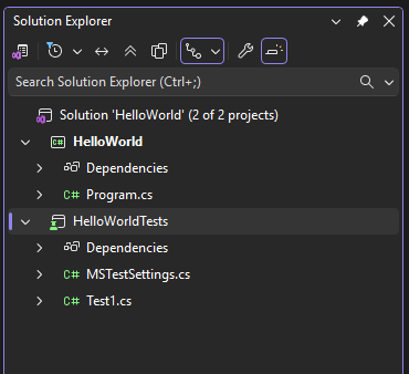 Screenshot che mostra un progetto di unit test in Esplora soluzioni.