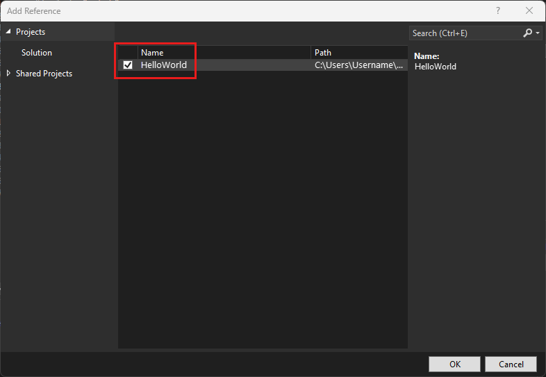 Screenshot mostra la finestra di dialogo Aggiungi riferimento in Visual Studio 2022.