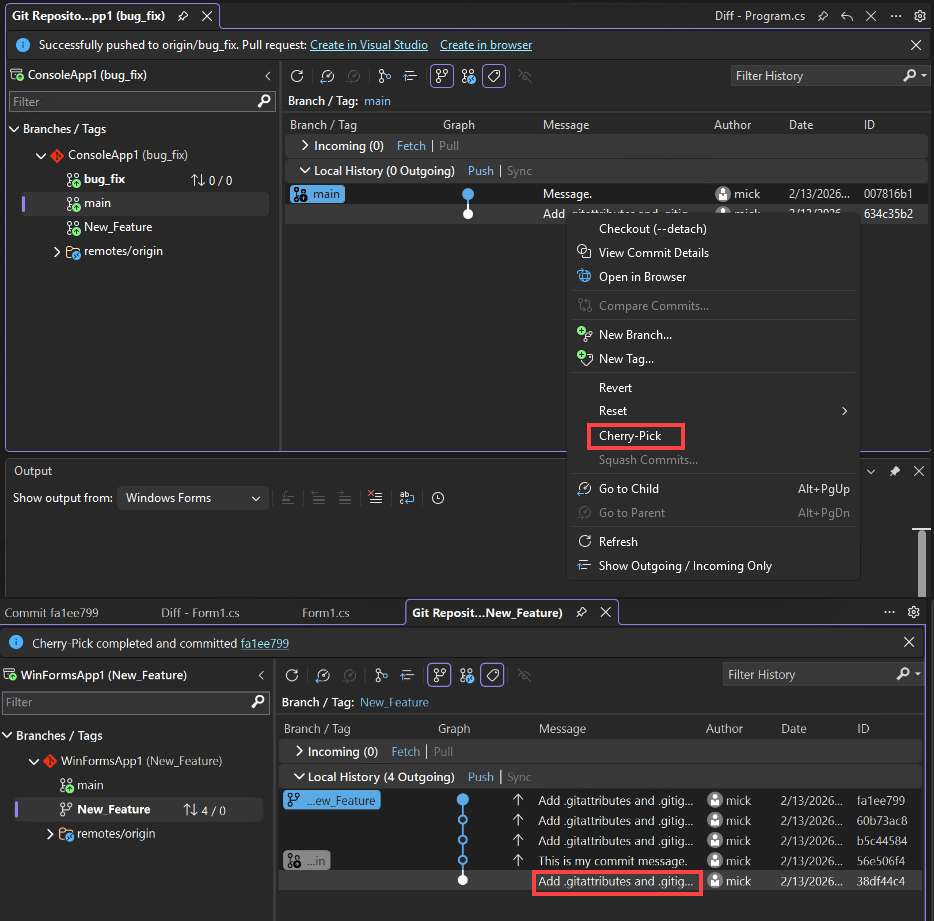 Screenshot della selezione di ciliegie in Visual Studio.