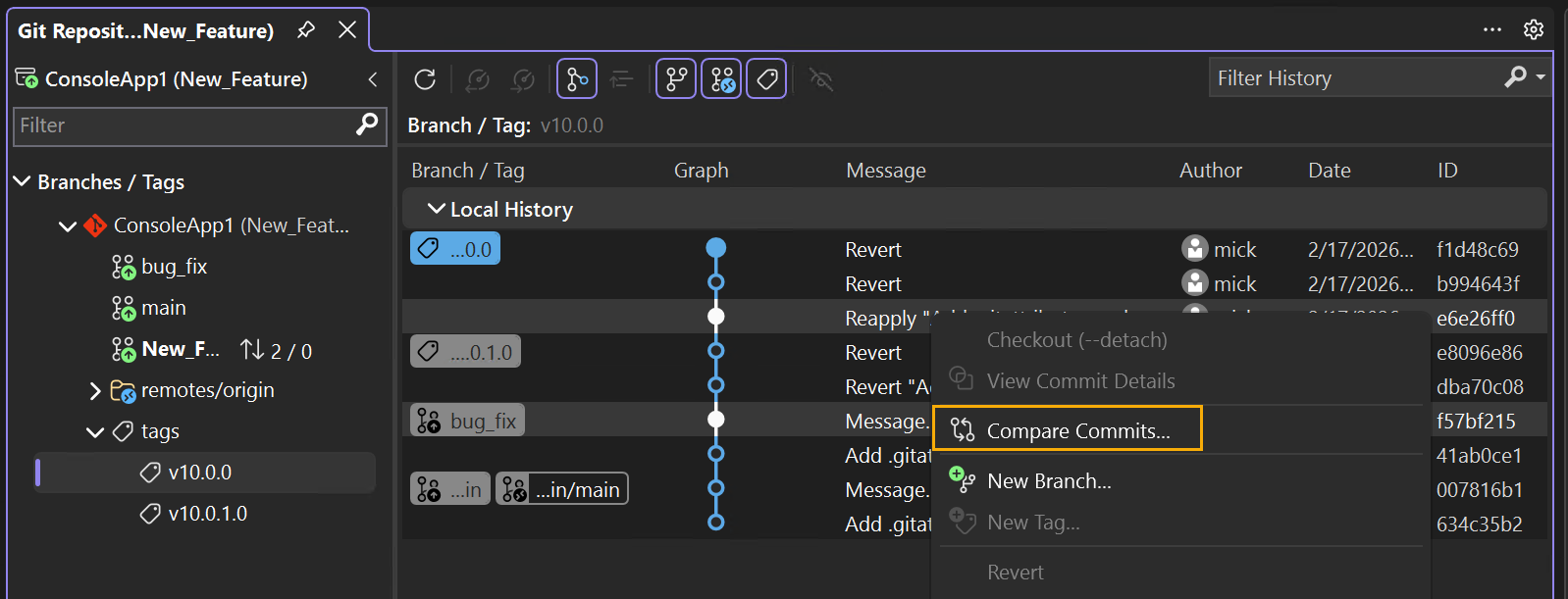 Screenshot di come confrontare due commit.