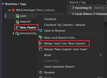 Screenshot dell'unione dei rami in Visual Studio.