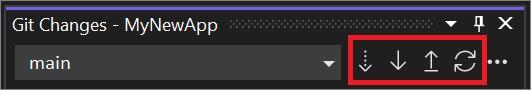 Finestra Git Changes con i controlli dei pulsanti Fetch, Pull, Push e Sync evidenziati in Visual Studio 2022.