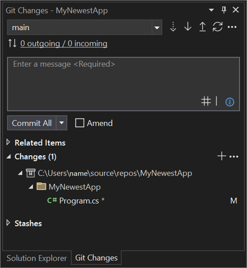 la finestra delle modifiche di Git in Visual Studio 2022.